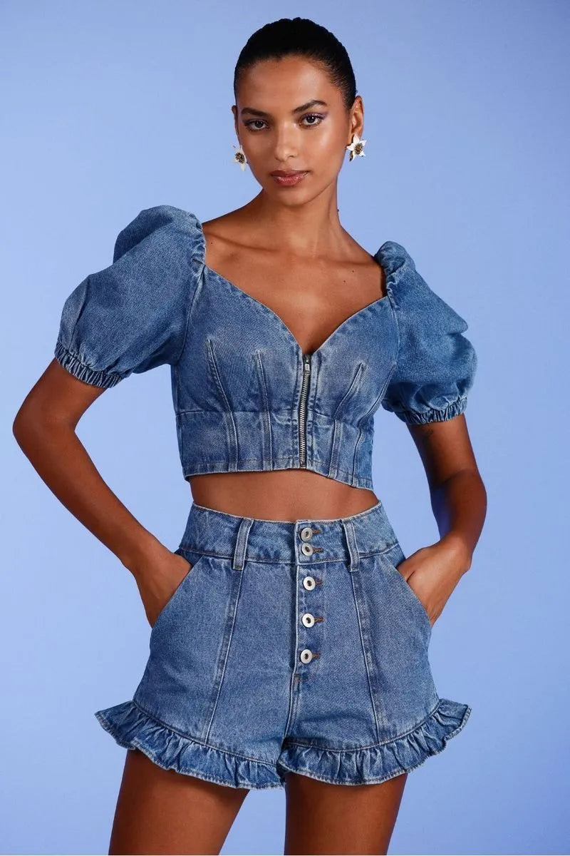 TOP CROPPED DENIM VOGEL AZUL JEANS CLARO