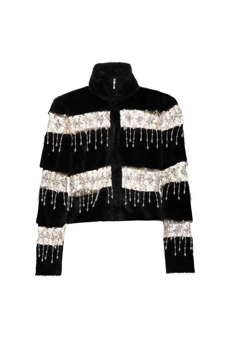 CASACO BORDADO TULE FAUX FUR PRETO