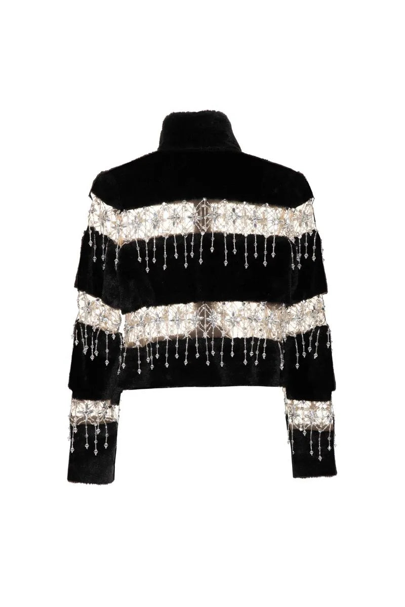 CASACO BORDADO TULE FAUX FUR PRETO 