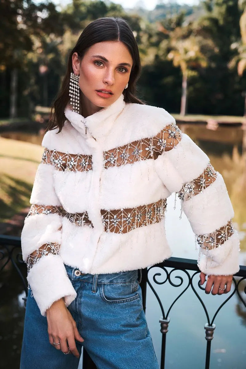 CASACO BORDADO TULE FAUX FUR OFF WHITE