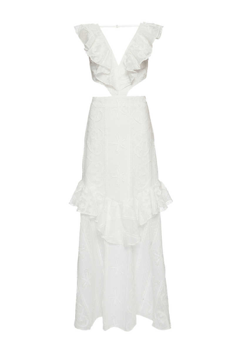 VESTIDO LONGO RECORTES BABADO LIGHT MODERN OFF WHITE 