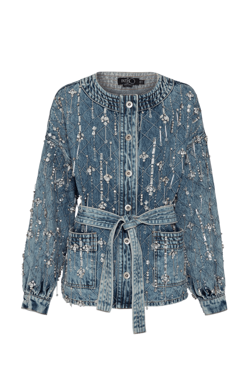 JAQUETA BORDADA FAIXA ESSENTIAL DENIM AZUL 