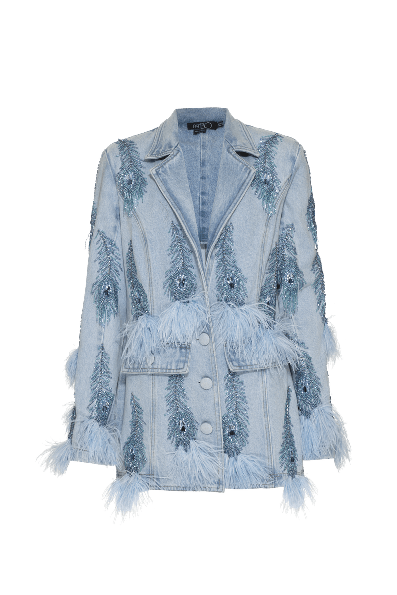 BLAZER BORDADO PLUMAS FEATHER DENIM AZUL 