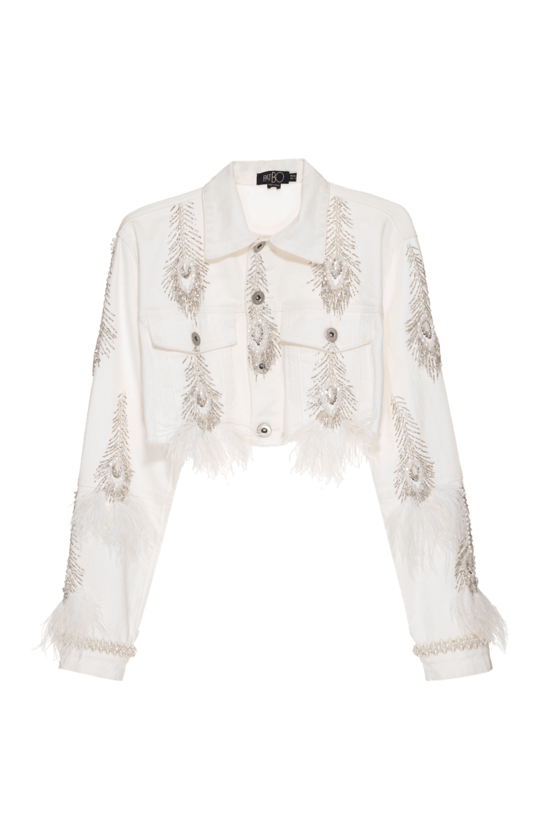 JAQUETA BORDADA PLUMAS FEATHER DENIM OFF WHITE 