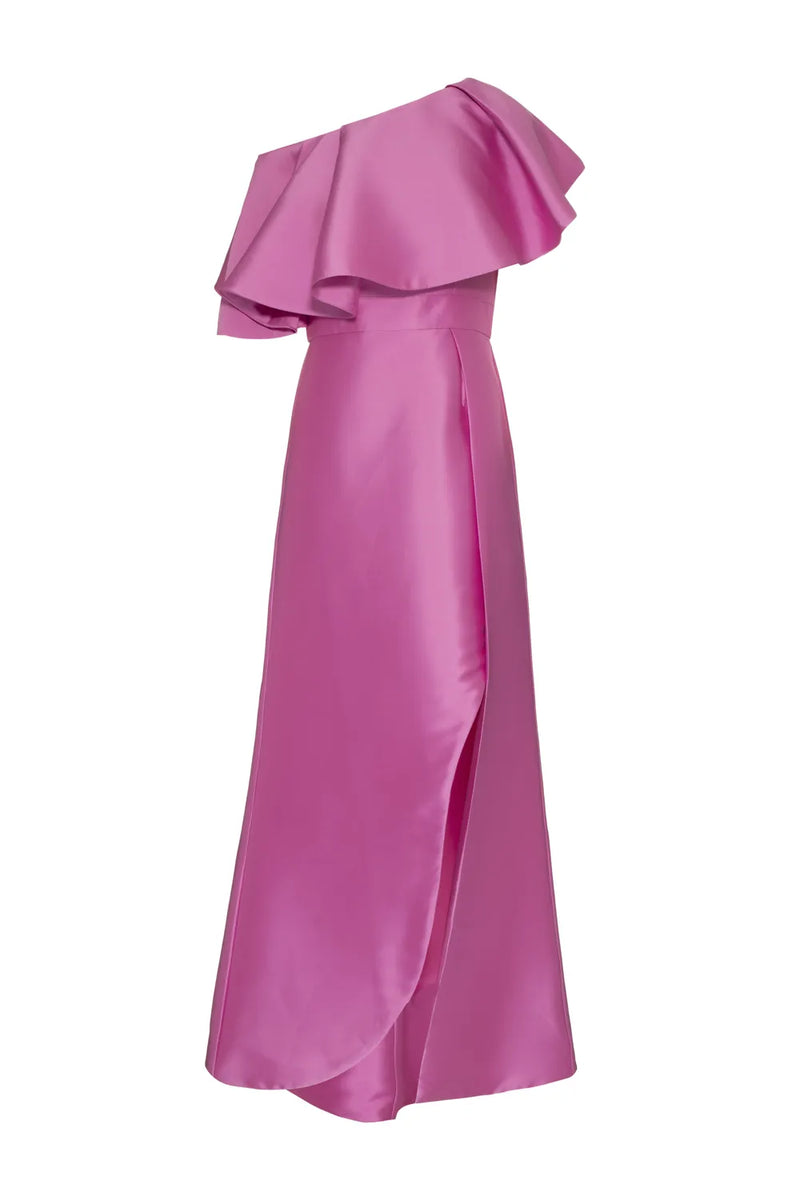 VESTIDO LONGO OMBRO ÚNICO BABADO ZIBELINE ROSA