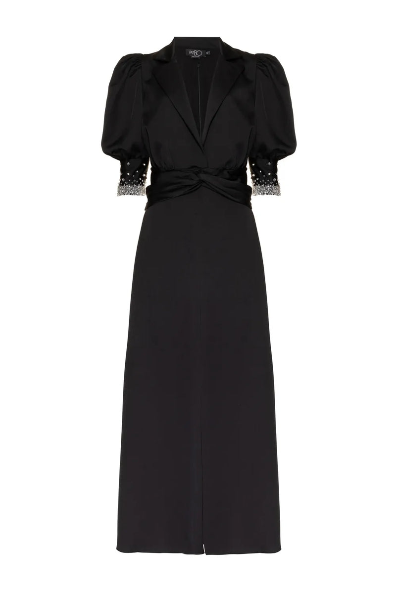 VESTIDO LONGO MANGAS BUFANTES CETIM RAMPLING PRETO 