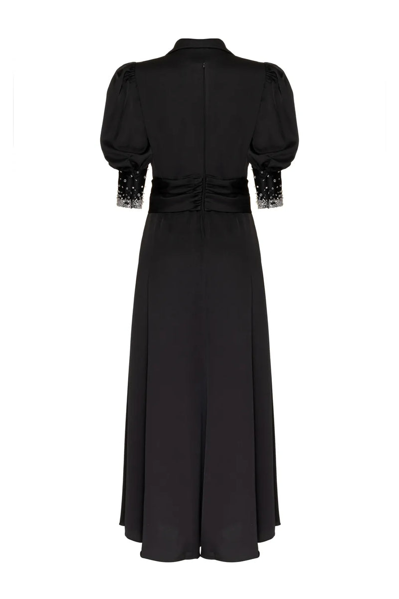 VESTIDO LONGO MANGAS BUFANTES CETIM RAMPLING PRETO 