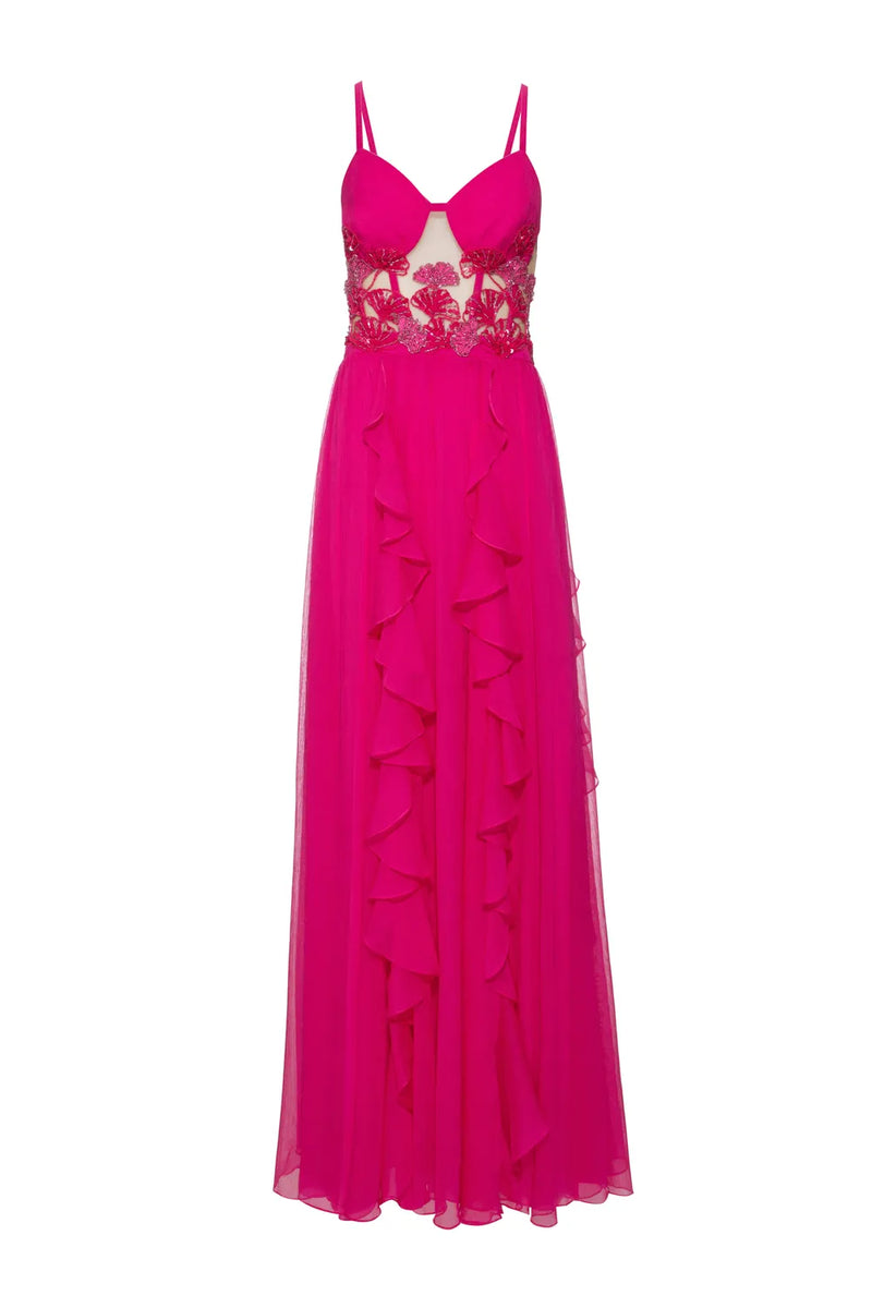 VESTIDO LONGO RECORTES TULE SILKY STARDUST ROSA 