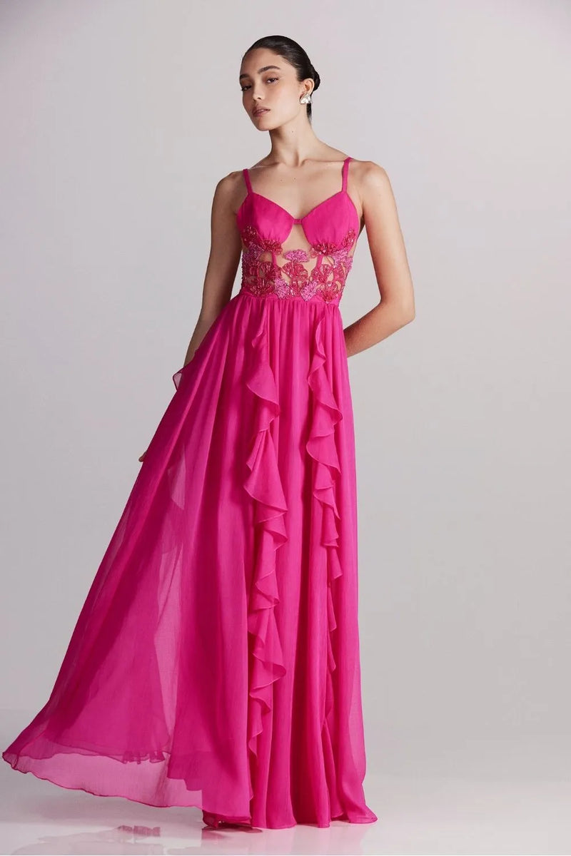 VESTIDO LONGO RECORTES TULE SILKY STARDUST ROSA 