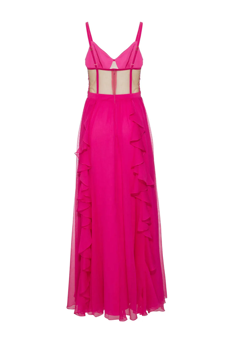 VESTIDO LONGO RECORTES TULE SILKY STARDUST ROSA