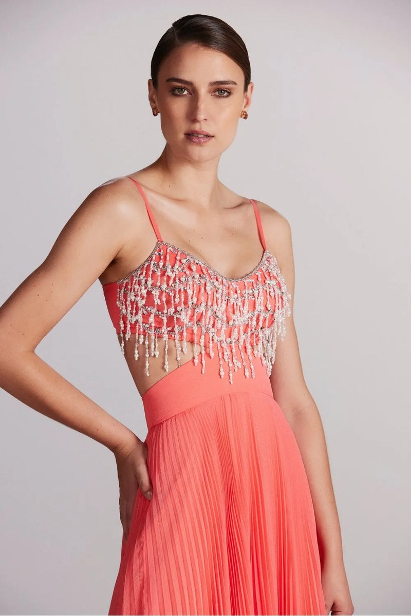 VESTIDO LONGO RECORTES SILKY SWEET LUCY CORAL