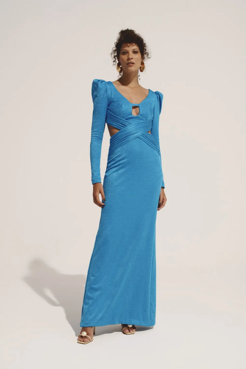 VESTIDO LONGO MANGAS MALHA LUXOR SPY AZUL