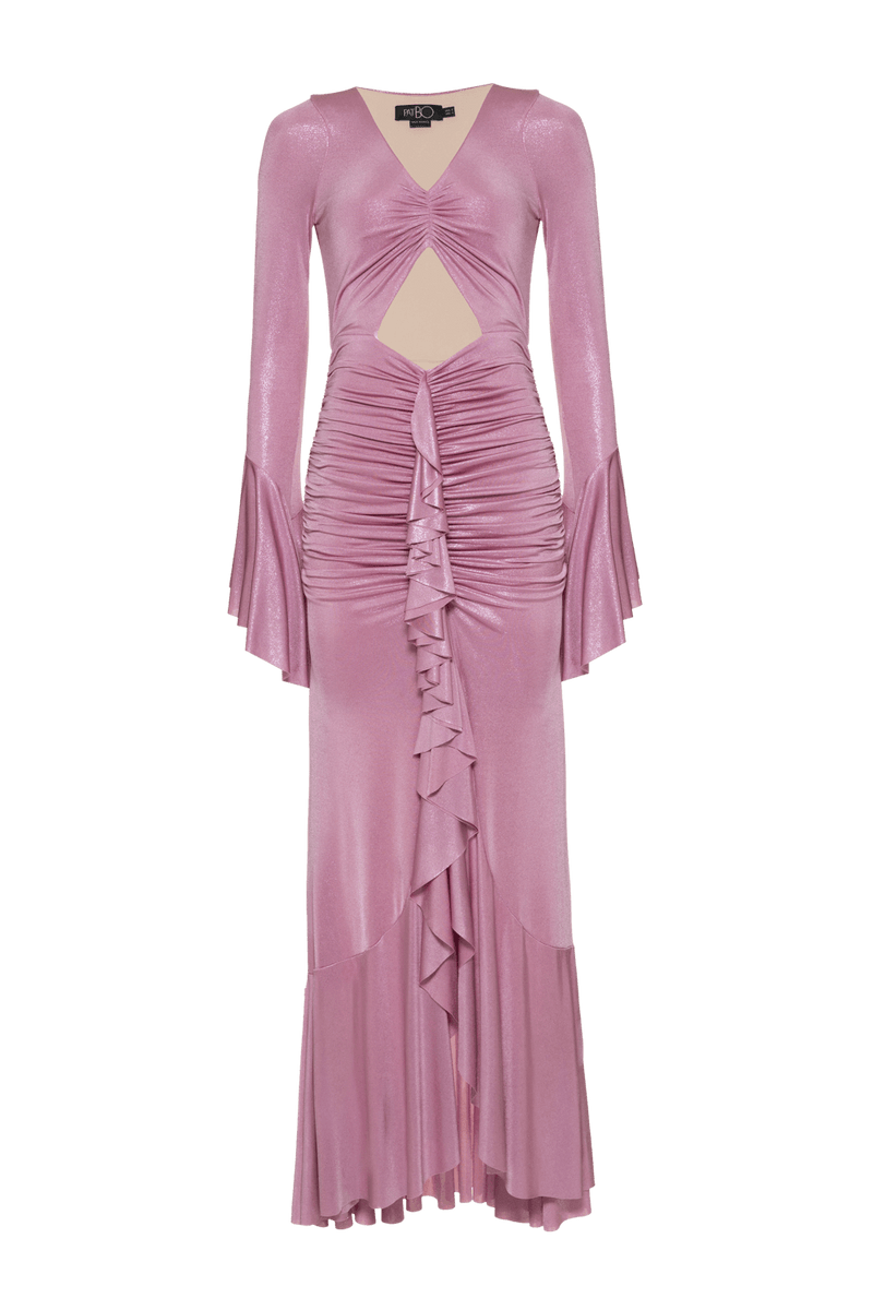 VESTIDO LONGO BABADOS JERSEY METALLIC LILAS