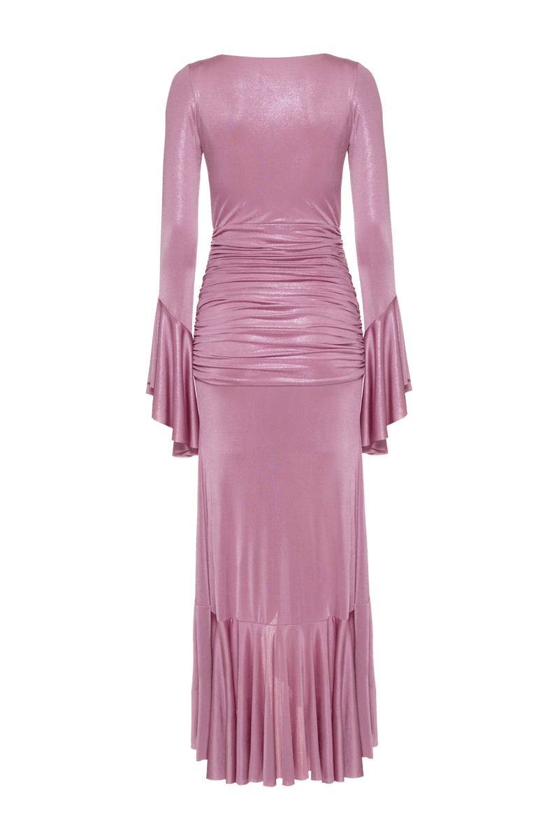 VESTIDO LONGO BABADOS JERSEY METALLIC LILAS