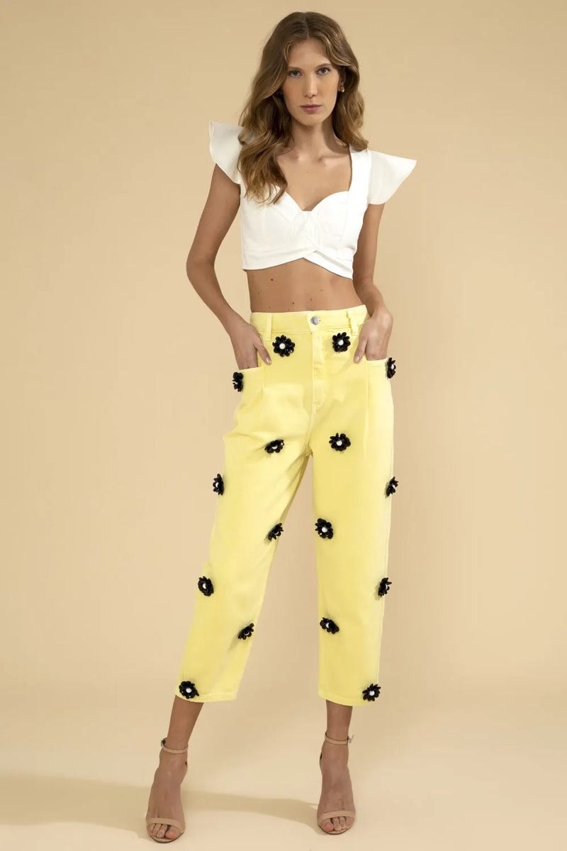 CALÇA BOLSOS SARJA FLOR PRIMAVERA AMARELO