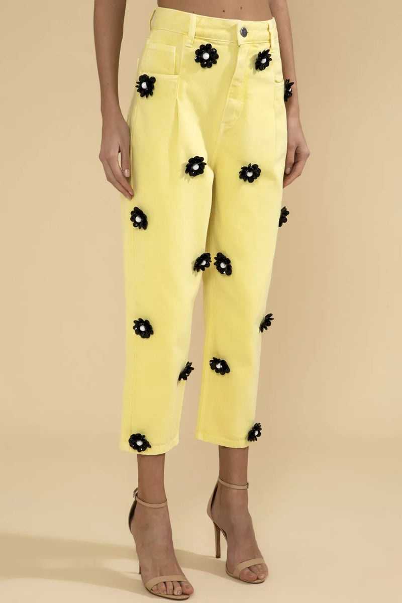 CALÇA BOLSOS SARJA FLOWER SPRING AMARELO