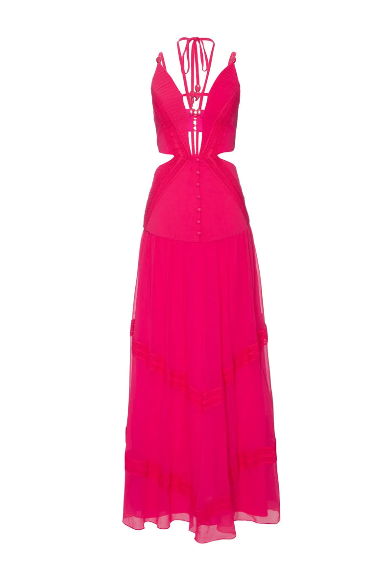 VESTIDO LONGO DECOTE TIRAS CHIFFON ÍRIS ROSA 