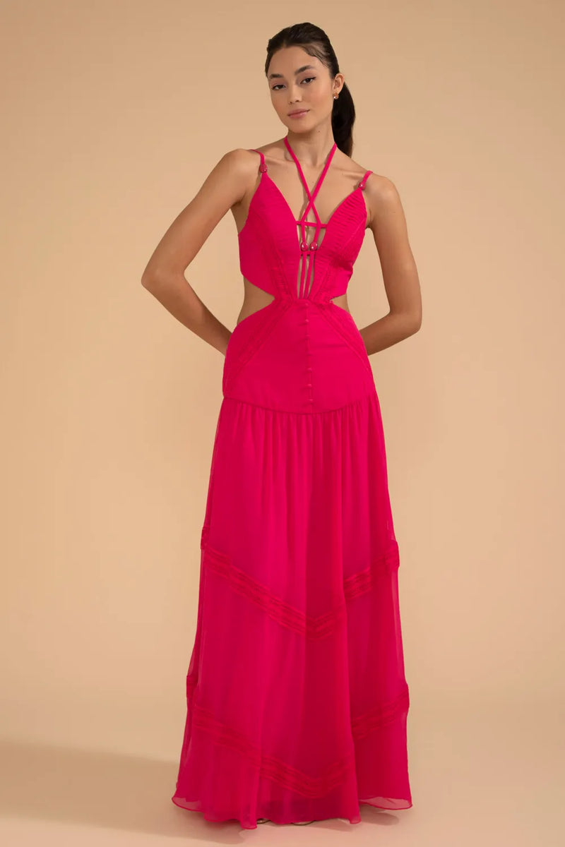 VESTIDO LONGO DECOTE TIRAS CHIFFON ÍRIS ROSA 