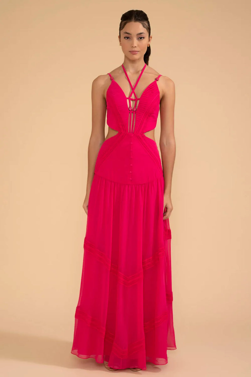 VESTIDO LONGO DECOTE TIRAS CHIFFON ÍRIS ROSA 