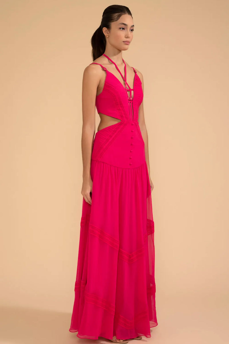 VESTIDO LONGO DECOTE TIRAS CHIFFON ÍRIS ROSA 