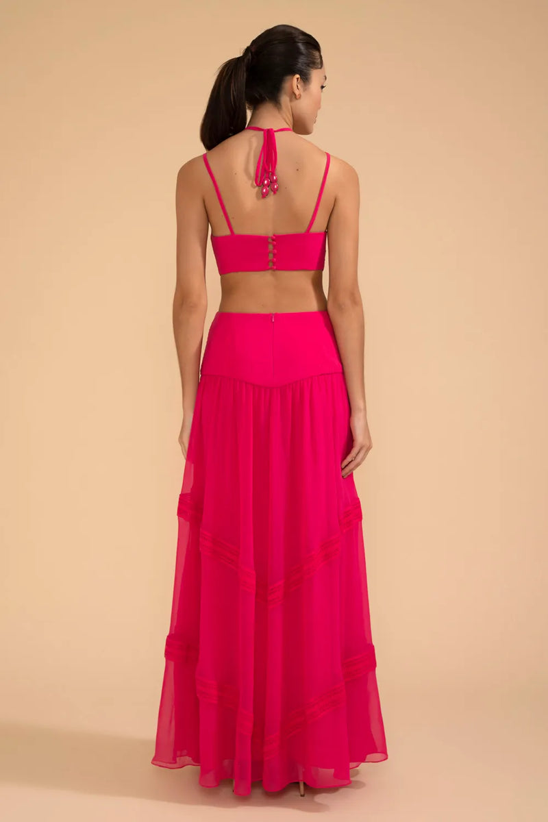 VESTIDO LONGO DECOTE TIRAS CHIFFON ÍRIS ROSA 