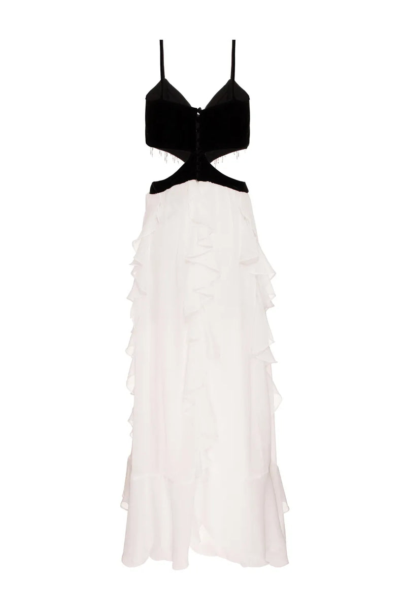 VESTIDO LONGO BUSTO PEDRARIA VELUDO CRYSTAL OFF WHITE