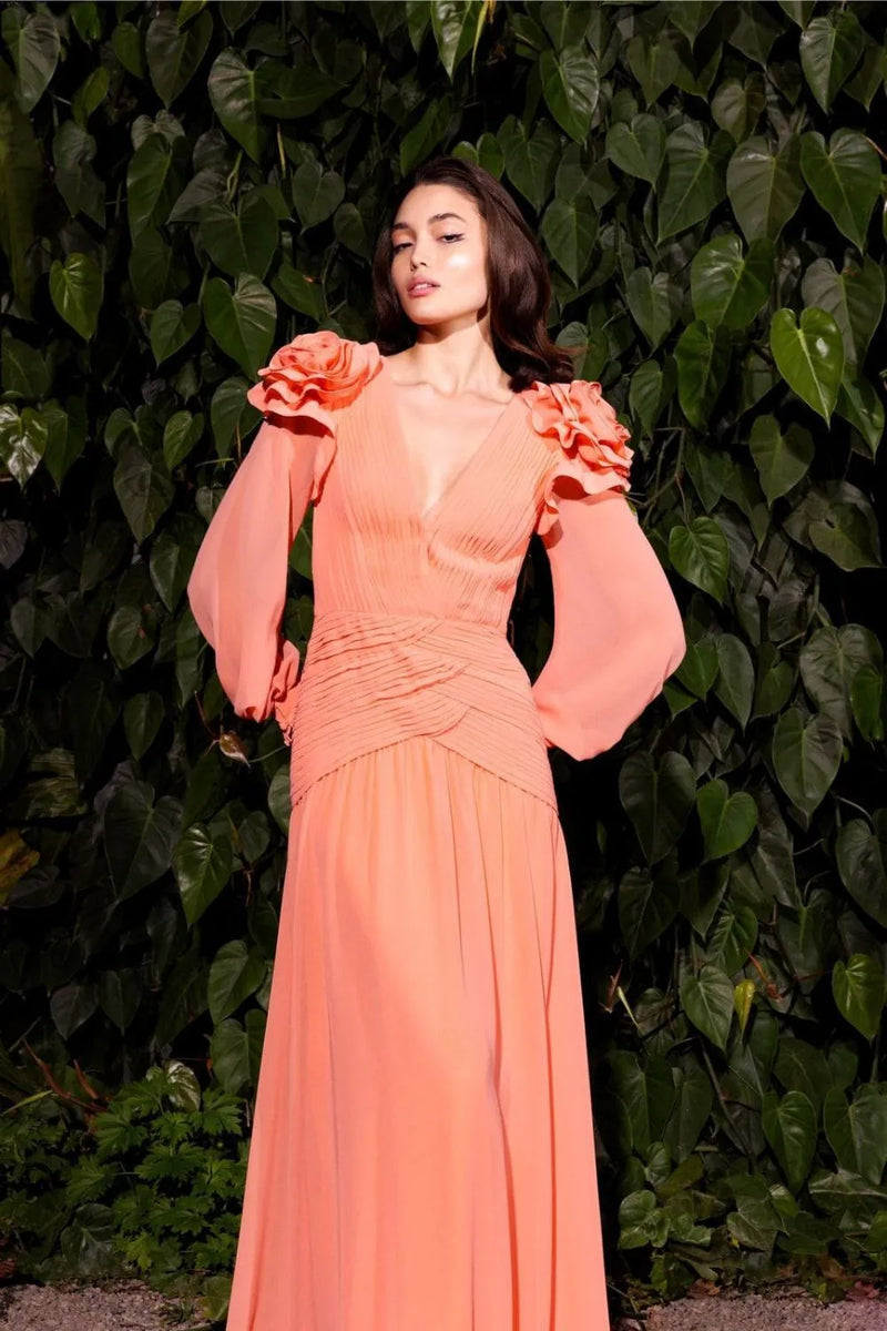 VESTIDO LONGO FLORES CHIFFON ÍRIS LARANJA 