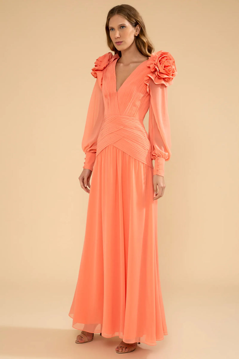 VESTIDO LONGO FLORES CHIFFON ÍRIS LARANJA