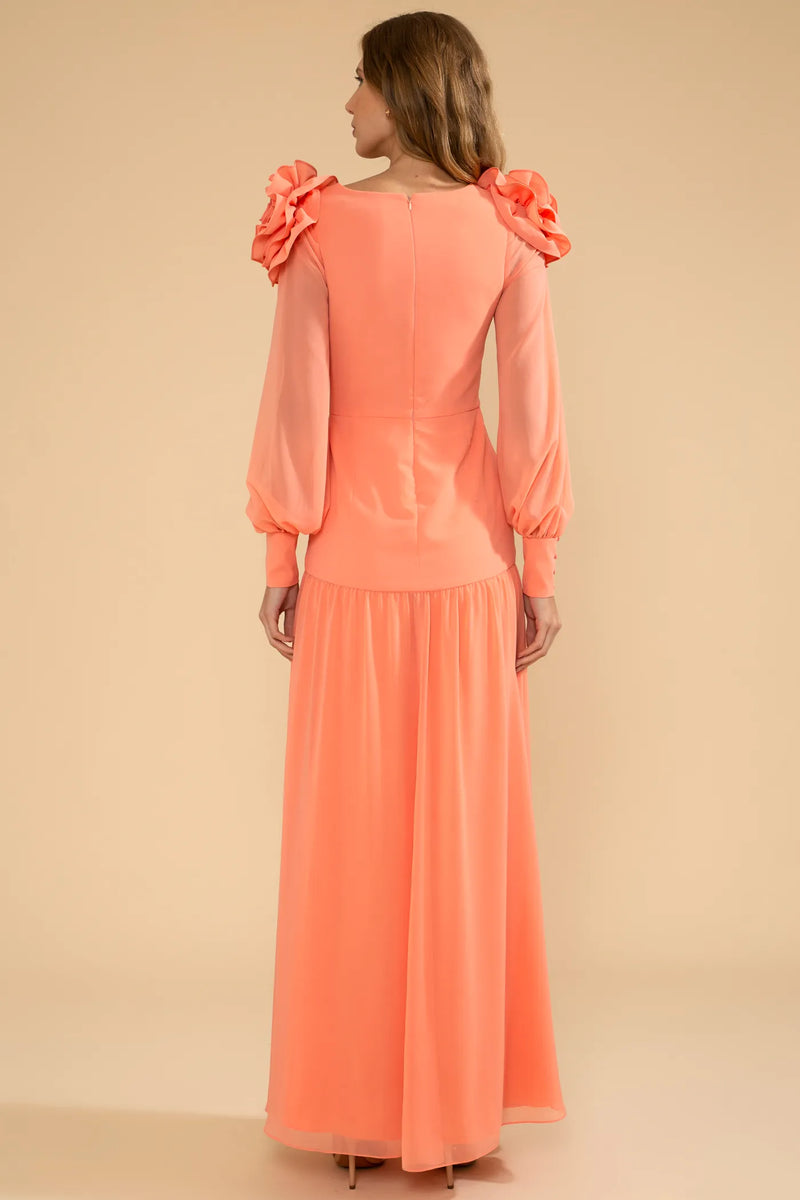 VESTIDO LONGO FLORES CHIFFON ÍRIS LARANJA 