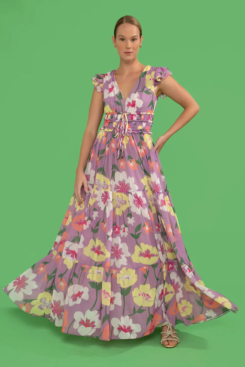 VESTIDO LONGO AMARRAÇÃO RETRÔ FLOWER LILAS