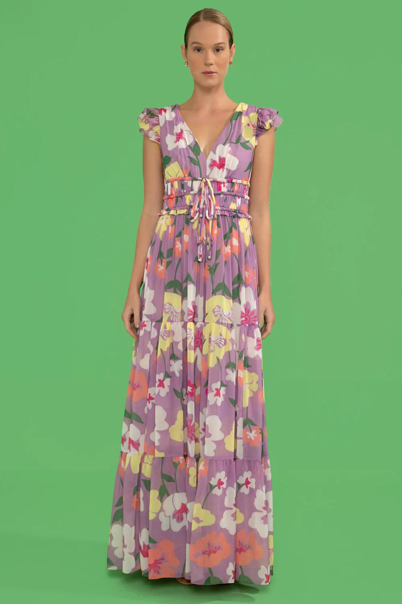 VESTIDO LONGO AMARRAÇÃO RETRÔ FLOWER LILAS