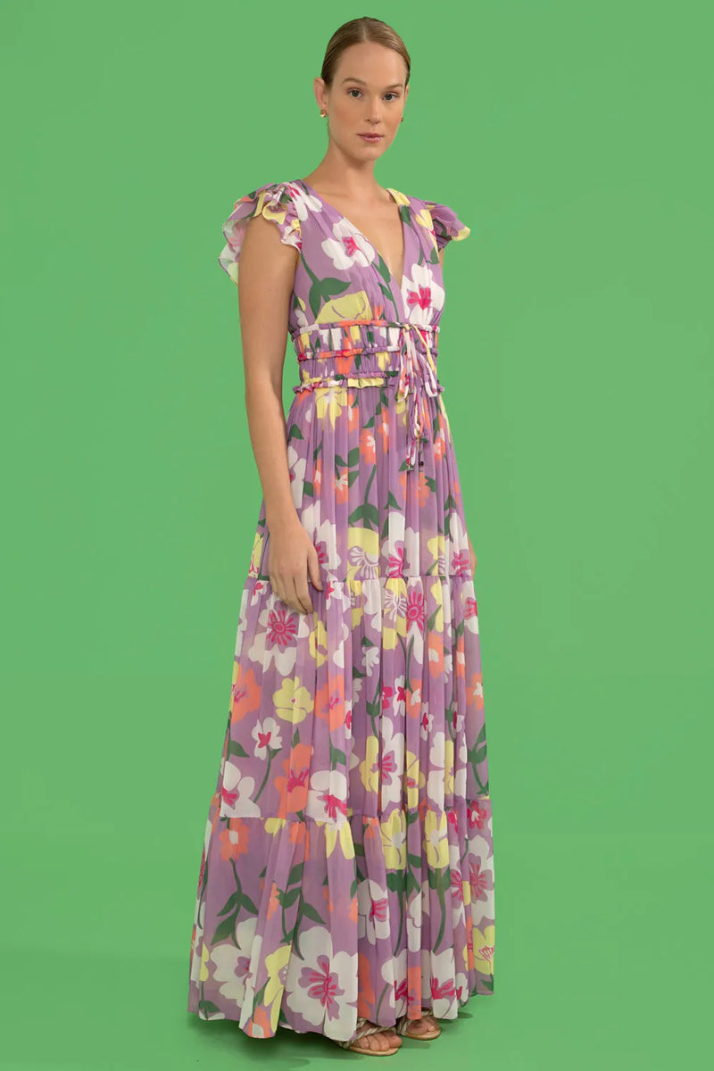 VESTIDO LONGO AMARRAÇÃO RETRÔ FLOWER LILAS