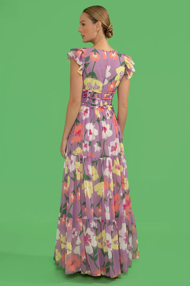 VESTIDO LONGO AMARRAÇÃO RETRÔ FLOR LILAS 