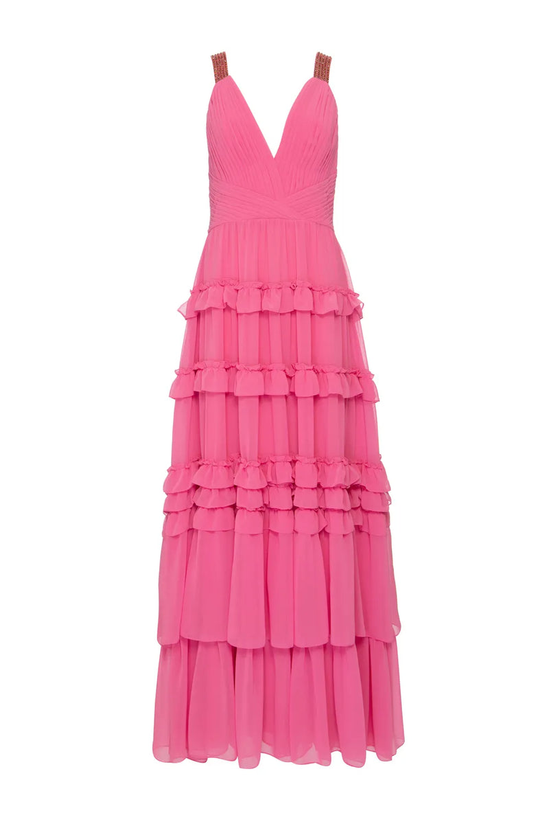 VESTIDO LONGO ALÇA STRASS CHIFFON ÍRIS ROSA