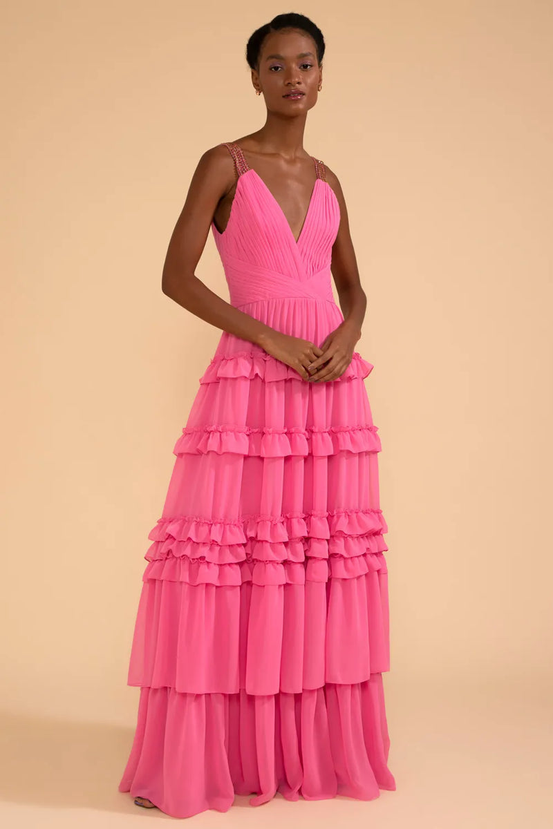 VESTIDO LONGO ALÇA STRASS CHIFFON ÍRIS ROSA