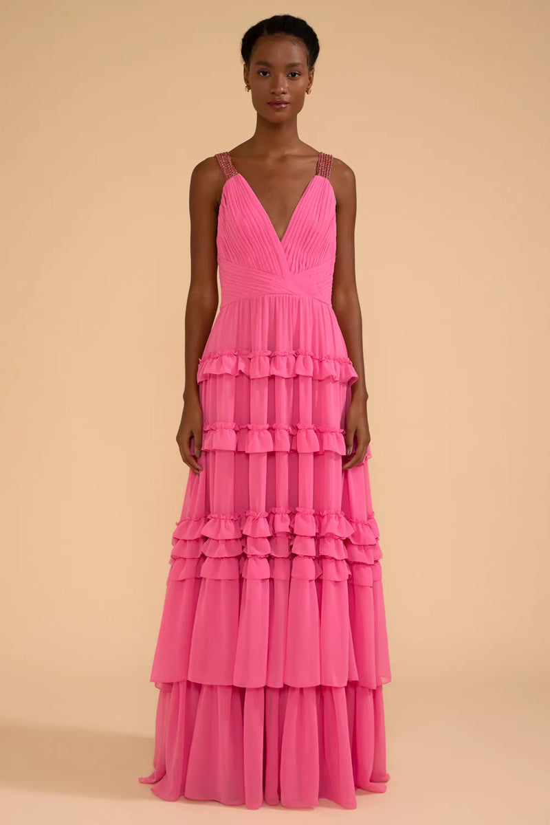 VESTIDO LONGO ALÇA STRASS CHIFFON ÍRIS ROSA