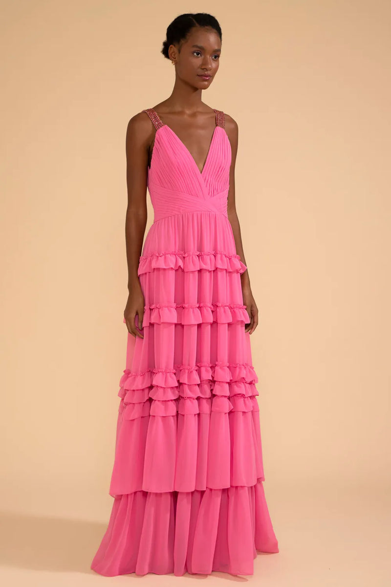 VESTIDO LONGO ALÇA STRASS CHIFFON ÍRIS ROSA 