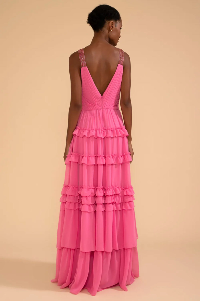 VESTIDO LONGO ALÇA STRASS CHIFFON ÍRIS ROSA