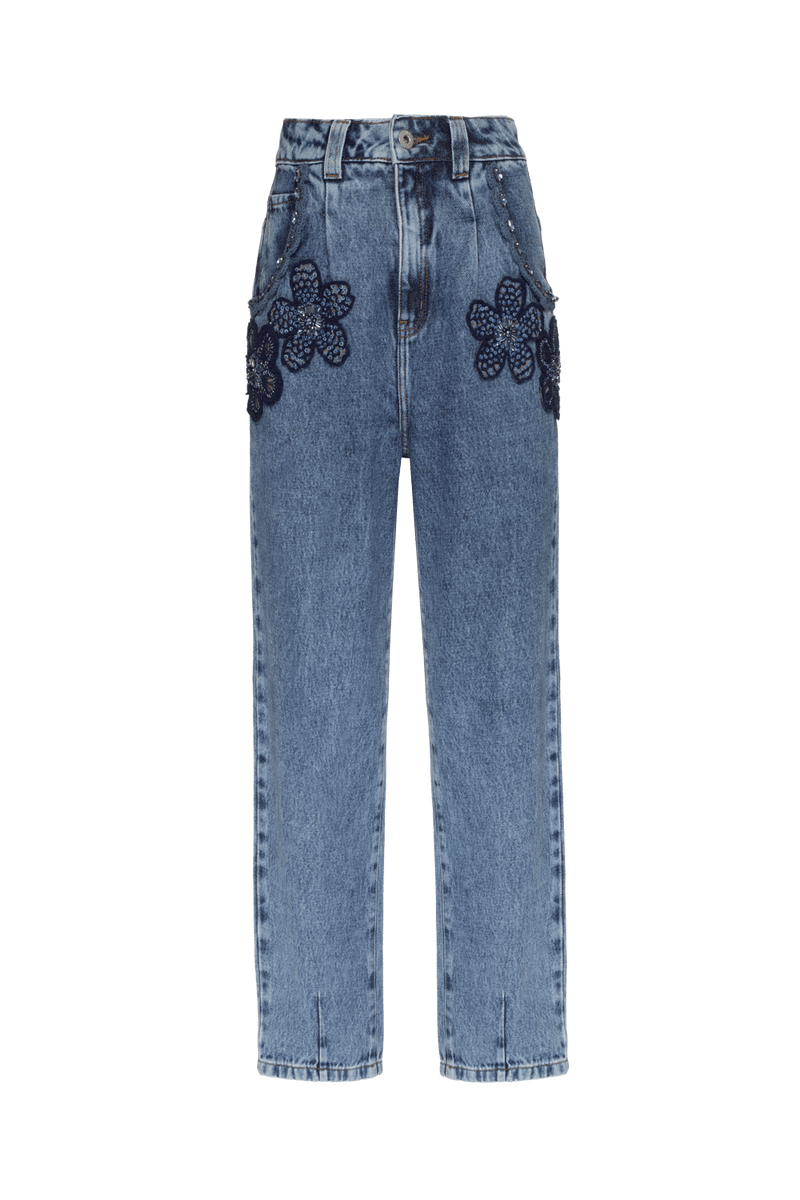 CALÇA CINTURA ALTA BORDADA ESSENTIAL DENIM AZUL