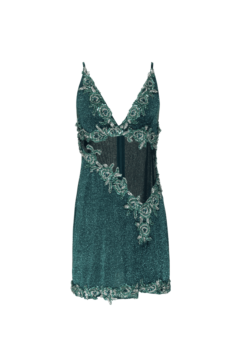 VESTIDO CURTO RECORTES BORDADO MALHA PRETTY SHINE VERDE