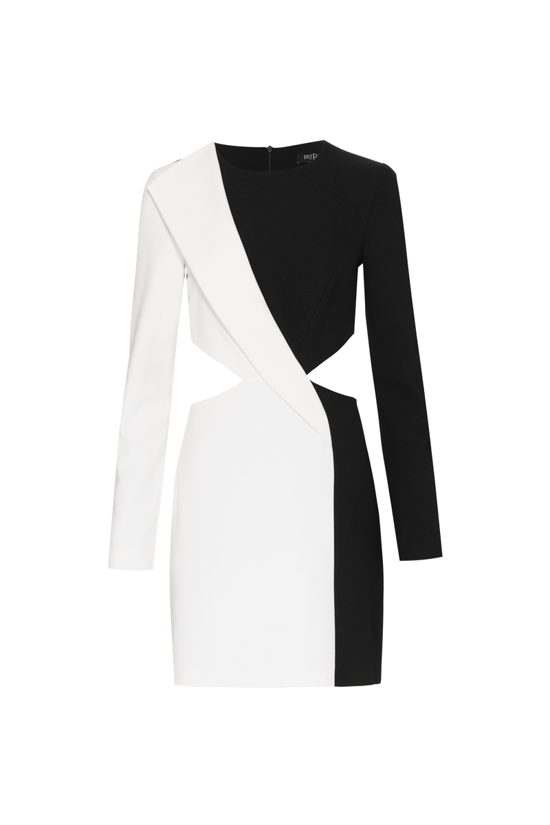 VESTIDO CURTO BICOLOR CREPE DUAL DREAM OFF WHITE E PRETO