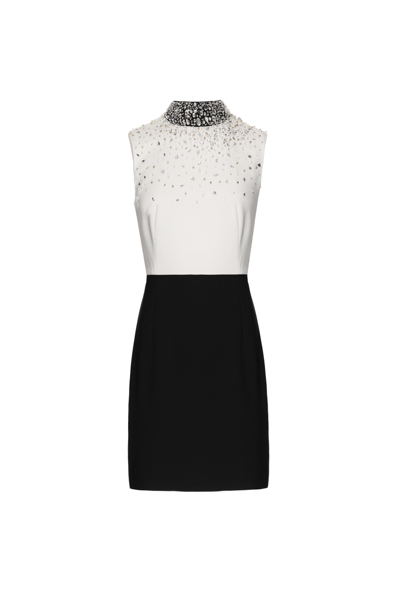 VESTIDO CURTO BICOLOR BORDADO CREPE DUAL DREAM OFF WHITE E PRETO 