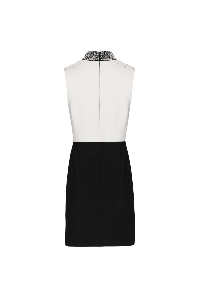 VESTIDO CURTO BICOLOR BORDADO CREPE DUAL DREAM OFF WHITE E PRETO 