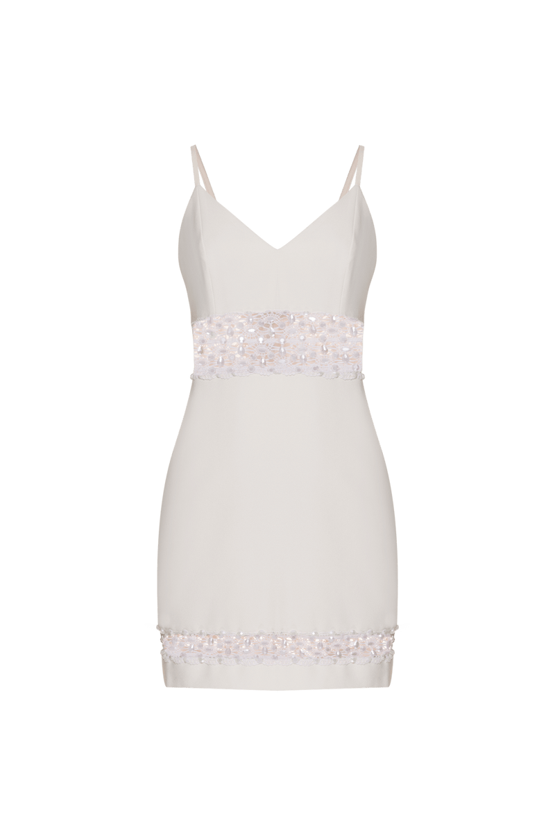 VESTIDO CURTO RECORTES BORDADO CREPE JOYFUL OFF WHITE