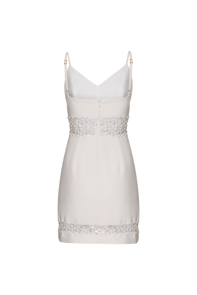 VESTIDO CURTO RECORTES BORDADO CREPE JOYFUL OFF WHITE 