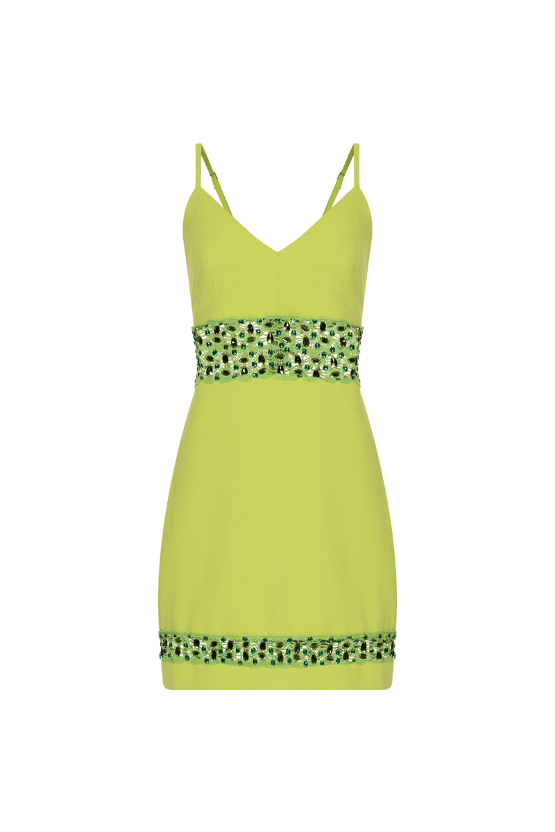 VESTIDO CURTO RECORTES BORDADO CREPE JOYFUL VERDE 