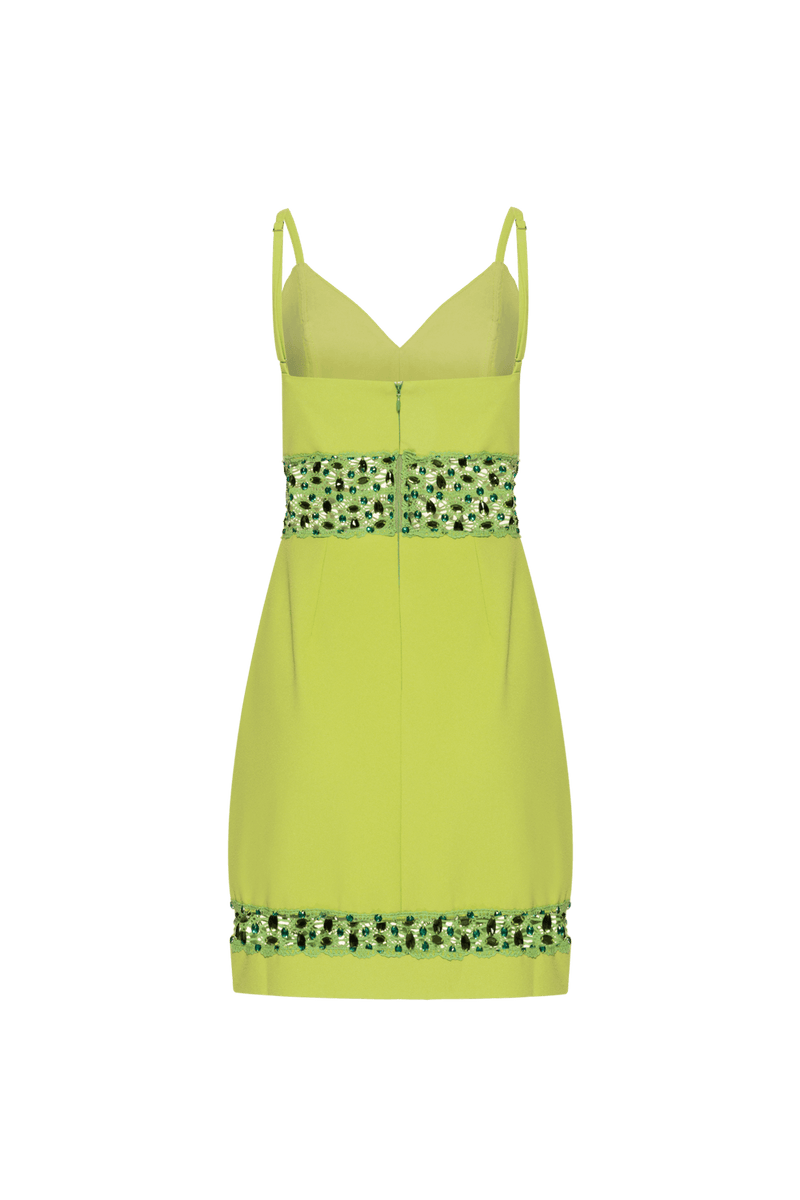 VESTIDO CURTO RECORTES BORDADO CREPE JOYFUL VERDE 