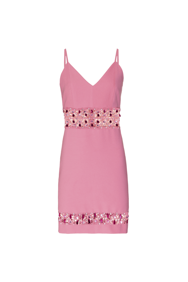 VESTIDO CURTO RECORTES BORDADO CREPE JOYFUL ROSA