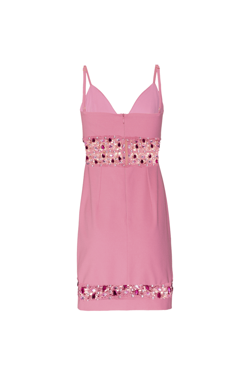 VESTIDO CURTO RECORTES BORDADO CREPE JOYFUL ROSA 