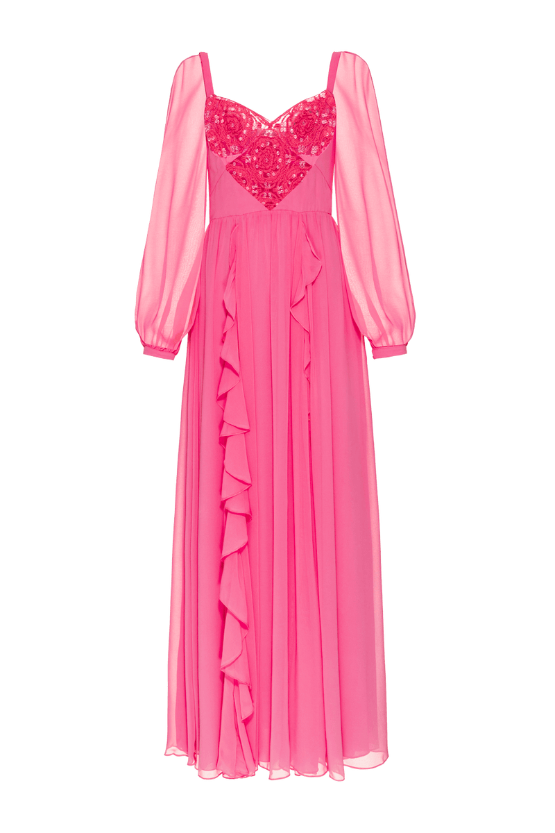 VESTIDO LONGO BABADOS CHIFFON PRETTY TWIST ROSA 